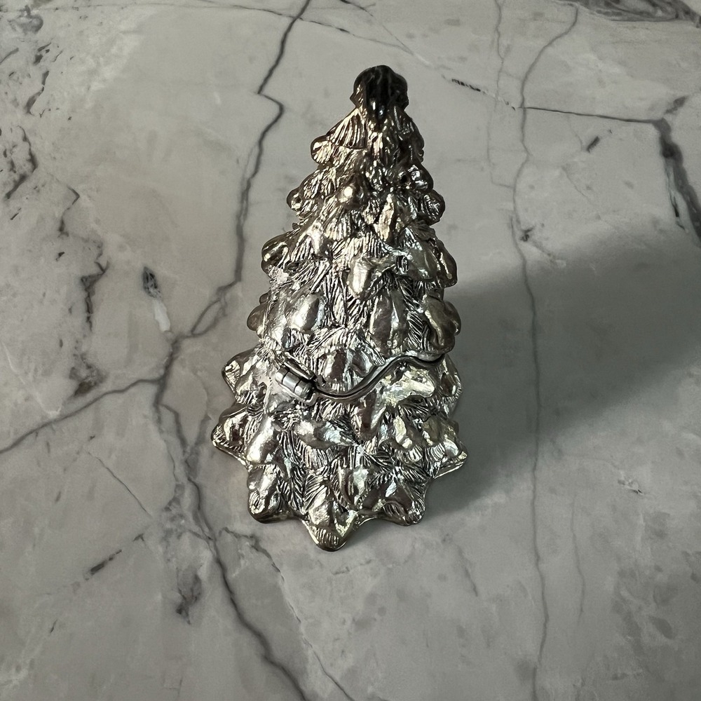 Small Silver Toned Metal Christmas Tree Design Trinket Box W/ Hinged Lid